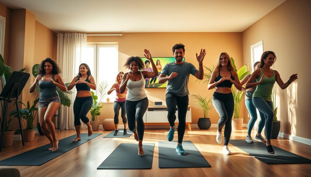 A cozy, sun-lit home gym with a vibrant Zumba dance routine in full swing. In the foreground, a group of diverse individuals move in sync, their bodies flowing with energy and joy. The middle ground showcases a sleek, modern home setup, complete with yoga mats, resistance bands, and a large-screen TV displaying a Zumba workout video. The background features warm, neutral-toned walls, accented by lush indoor plants, creating a serene and inviting atmosphere. The lighting is soft and natural, casting a gentle glow on the scene. The overall composition conveys a sense of harmony, balance, and the pure pleasure of at-home fitness.