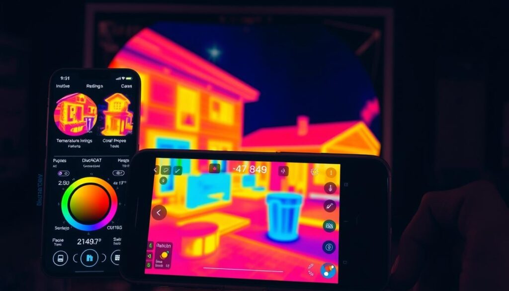 A detailed thermal imaging app interface, showcasing its various features and functions. The foreground displays the main screen with intuitive controls, temperature readings, and color-coded thermal maps. The middle ground highlights diagnostic tools, image processing options, and customization settings. The background depicts a realistic thermal camera view, capturing the diverse range of thermal signatures in the environment. The scene is bathed in a warm, vibrant color palette, conveying the technological sophistication and practical utility of the thermal imaging application. Lighting is evenly distributed, casting gentle shadows and highlighting the app's sleek, modern design.