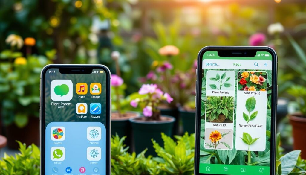 A high-quality, detailed comparison of the plant identification apps "Plant Parent" and "Nature ID" set against a lush, garden-like backdrop. The foreground features the app icons and interfaces side by side, showcasing their key features. The middle ground depicts potted plants, flowers, and other greenery, highlighting the apps' plant recognition capabilities. The background is a soft-focus, natural setting with a warm, ambient lighting that creates a calming, naturalistic atmosphere. The overall composition emphasizes the apps' functionality and their integration with the real-world garden environment. A high-quality, detailed comparison of the plant identification apps "Plant Parent" and "Nature ID" set against a lush, garden-like backdrop. The foreground features the app icons and interfaces side by side, showcasing their key features. The middle ground depicts potted plants, flowers, and other greenery, highlighting the apps' plant recognition capabilities. The background is a soft-focus, natural setting with a warm, ambient lighting that creates a calming, naturalistic atmosphere. The overall composition emphasizes the apps' functionality and their integration with the real-world garden environment.