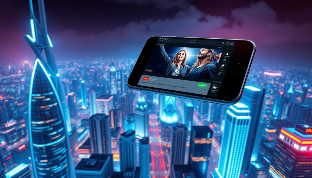 A high-tech video downloader application with a sleek and intuitive interface. Floating above a gleaming, futuristic cityscape, the app's advanced features are highlighted, showcasing its versatility for power users. Elegant typography and vibrant color palette convey a sense of sophistication. Dramatic lighting from multiple angles creates depth and drama, while a dynamic camera angle emphasizes the app's cutting-edge capabilities. The overall atmosphere is one of technological prowess and modern elegance, perfectly suited to illustrate the "Opções avançadas para usuários exigentes" section of the article. A high-tech video downloader application with a sleek and intuitive interface. Floating above a gleaming, futuristic cityscape, the app's advanced features are highlighted, showcasing its versatility for power users. Elegant typography and vibrant color palette convey a sense of sophistication. Dramatic lighting from multiple angles creates depth and drama, while a dynamic camera angle emphasizes the app's cutting-edge capabilities. The overall atmosphere is one of technological prowess and modern elegance, perfectly suited to illustrate the "Opções avançadas para usuários exigentes" section of the article.