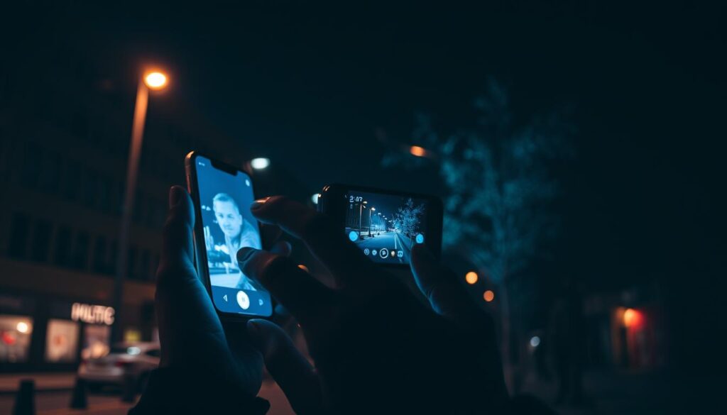 A person using a smartphone with a night vision camera app, surrounded by a dark urban environment with buildings, streetlights, and a night sky. The user's face is illuminated by the soft glow of the phone's screen, which displays the night vision interface. The image has a moody, atmospheric quality, with the night vision technology enhancing the details and textures of the scene, creating a unique visual experience. A person using a smartphone with a night vision camera app, surrounded by a dark urban environment with buildings, streetlights, and a night sky. The user's face is illuminated by the soft glow of the phone's screen, which displays the night vision interface. The image has a moody, atmospheric quality, with the night vision technology enhancing the details and textures of the scene, creating a unique visual experience.