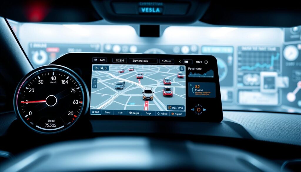 A sleek and modern dashboard display showcases the key features of a vehicle tracking application. In the foreground, a stylized car icon and speed/location readouts are prominently featured, conveying the core functionality. The middle ground depicts a map view with animated vehicle icons, emphasizing the real-time tracking capabilities. In the background, abstract data visualizations and UI elements create a techno-futuristic atmosphere, complementing the application's advanced features. The lighting is crisp and directional, casting subtle shadows to enhance the depth and dimensionality. The overall composition is clean, balanced, and designed to effectively communicate the "Recursos Principais do Aplicativo" section of the article. A sleek and modern dashboard display showcases the key features of a vehicle tracking application. In the foreground, a stylized car icon and speed/location readouts are prominently featured, conveying the core functionality. The middle ground depicts a map view with animated vehicle icons, emphasizing the real-time tracking capabilities. In the background, abstract data visualizations and UI elements create a techno-futuristic atmosphere, complementing the application's advanced features. The lighting is crisp and directional, casting subtle shadows to enhance the depth and dimensionality. The overall composition is clean, balanced, and designed to effectively communicate the "Recursos Principais do Aplicativo" section of the article.