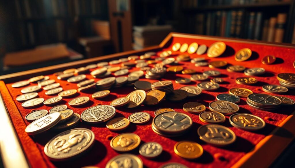 A vibrant collection of rare and valuable coins meticulously displayed on a velvet-lined wooden display case, bathed in warm, directional lighting that casts dramatic shadows and highlights the intricate details of each numismatic treasure. The foreground features a selection of expertly curated coins, their surfaces gleaming with a timeless luster, while the middle ground showcases the diversity of the collection, spanning various eras, origins, and denominations. In the background, a softly blurred bookshelf and a sense of scholarly reverence create an atmosphere of scholarly appreciation for these enduring symbols of history and craftsmanship. A vibrant collection of rare and valuable coins meticulously displayed on a velvet-lined wooden display case, bathed in warm, directional lighting that casts dramatic shadows and highlights the intricate details of each numismatic treasure. The foreground features a selection of expertly curated coins, their surfaces gleaming with a timeless luster, while the middle ground showcases the diversity of the collection, spanning various eras, origins, and denominations. In the background, a softly blurred bookshelf and a sense of scholarly reverence create an atmosphere of scholarly appreciation for these enduring symbols of history and craftsmanship.