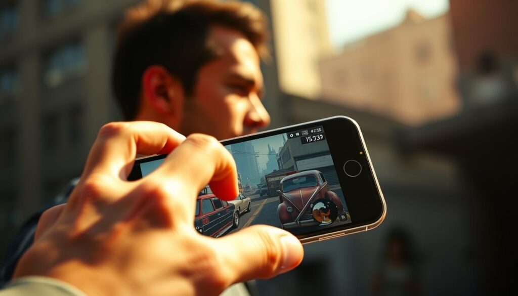 A well-lit, dynamic scene depicting a person playing Grand Theft Auto V on their smartphone via cloud gaming streaming. The foreground shows a close-up view of a hand holding the phone, fingers tapping the screen with focused intensity. The middle ground reveals the player's face in a side profile, eyes fixed on the screen, expression engaged and immersed. The background blurs to suggest an urban setting, hinting at the virtual world of GTA V. Warm, natural lighting casts subtle shadows, creating depth and atmosphere. The overall mood conveys the thrill and immersion of playing a AAA game on a mobile device through the power of cloud streaming technology. A well-lit, dynamic scene depicting a person playing Grand Theft Auto V on their smartphone via cloud gaming streaming. The foreground shows a close-up view of a hand holding the phone, fingers tapping the screen with focused intensity. The middle ground reveals the player's face in a side profile, eyes fixed on the screen, expression engaged and immersed. The background blurs to suggest an urban setting, hinting at the virtual world of GTA V. Warm, natural lighting casts subtle shadows, creating depth and atmosphere. The overall mood conveys the thrill and immersion of playing a AAA game on a mobile device through the power of cloud streaming technology.