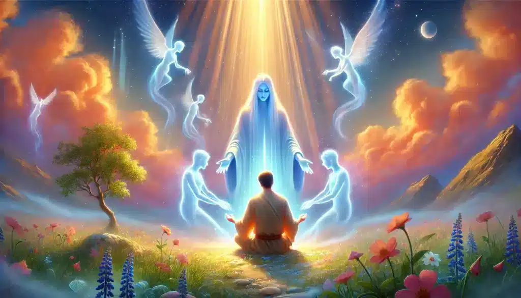 A serene and minimalist scene of a person meditating with a smartphone in their hand, surrounded by softly glowing crystals and floating spiritual symbols. The lighting is warm and diffused, creating an atmosphere of tranquility and introspection. The figure is rendered in a painterly, almost ethereal style, their features indistinct, emphasizing the focus on the spiritual experience. The background is a muted, neutral palette, allowing the central subject to stand out prominently. The overall composition conveys a sense of responsible, mindful usage of spiritual applications, balancing technology with personal growth and inner reflection.