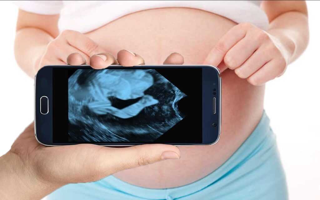 A sleek, modern smartphone displaying the Gravidez+ app interface, showcasing its intuitive design and cutting-edge features. The screen displays a vibrant 3D ultrasound image of a developing fetus, highlighting the app's advanced visualization capabilities. The smartphone is held in a delicate, loving hand, symbolizing the personal and intimate nature of the pregnancy experience. Soft, natural lighting illuminates the scene, creating a warm and inviting atmosphere. The background is blurred, keeping the focus on the app and the precious moment it captures. An overall sense of wonder, technology, and the joy of pregnancy permeates the image.