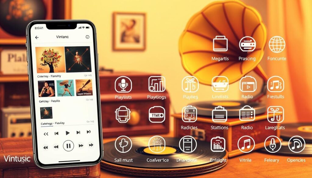 A beautiful, detailed illustration of the features and functionalities of a mobile app for listening to vintage music. In the foreground, a smartphone screen displays the app's intuitive interface, showcasing album art, playback controls, and music visualizations. The middle ground features various icons and UI elements representing the app's core capabilities, such as curated playlists, radio stations, and music discovery tools. In the background, a vintage gramophone and vinyl records create a nostalgic ambiance, complemented by warm, soft lighting that enhances the retro aesthetic. The overall composition conveys the app's ability to seamlessly blend modern technology with the timeless charm of ancient music, creating a harmonious and immersive listening experience. A beautiful, detailed illustration of the features and functionalities of a mobile app for listening to vintage music. In the foreground, a smartphone screen displays the app's intuitive interface, showcasing album art, playback controls, and music visualizations. The middle ground features various icons and UI elements representing the app's core capabilities, such as curated playlists, radio stations, and music discovery tools. In the background, a vintage gramophone and vinyl records create a nostalgic ambiance, complemented by warm, soft lighting that enhances the retro aesthetic. The overall composition conveys the app's ability to seamlessly blend modern technology with the timeless charm of ancient music, creating a harmonious and immersive listening experience.