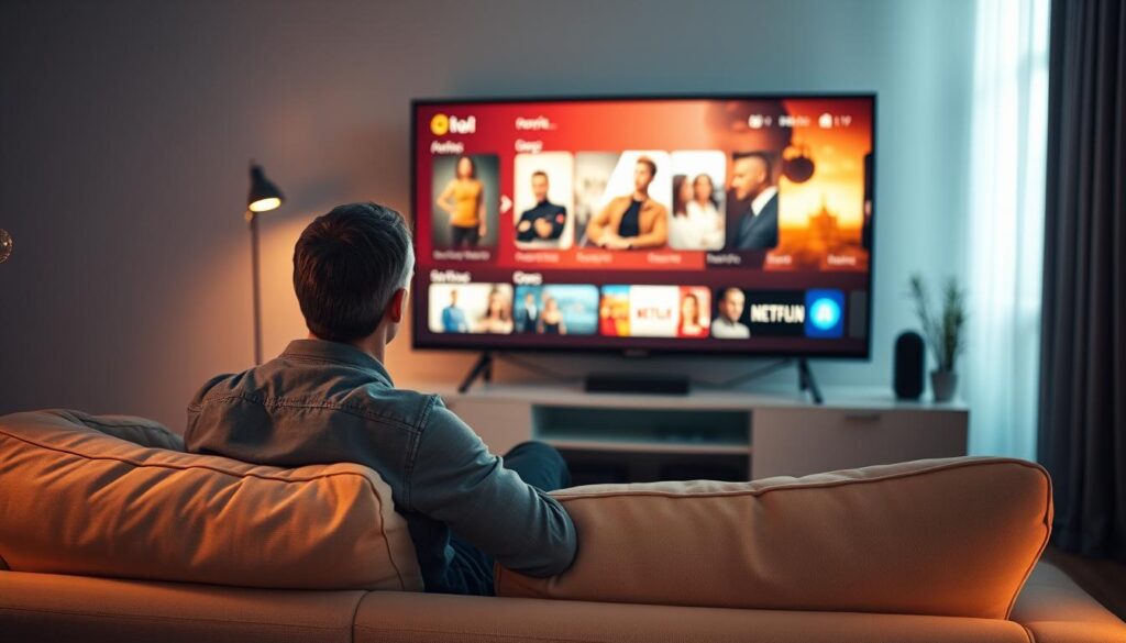 A cozy living room with a large, high-definition television screen prominently displayed. The screen shows a streaming service interface, with various movie genres and titles visible. In the foreground, a person sits on a comfortable sofa, intently evaluating the streaming quality and options on the screen. Soft, warm lighting illuminates the scene, creating a relaxed and inviting atmosphere. The room's decor is minimalist and modern, with clean lines and neutral tones that complement the technology. The overall composition conveys a sense of thoughtful consideration and decision-making around the best streaming experience. A cozy living room with a large, high-definition television screen prominently displayed. The screen shows a streaming service interface, with various movie genres and titles visible. In the foreground, a person sits on a comfortable sofa, intently evaluating the streaming quality and options on the screen. Soft, warm lighting illuminates the scene, creating a relaxed and inviting atmosphere. The room's decor is minimalist and modern, with clean lines and neutral tones that complement the technology. The overall composition conveys a sense of thoughtful consideration and decision-making around the best streaming experience.