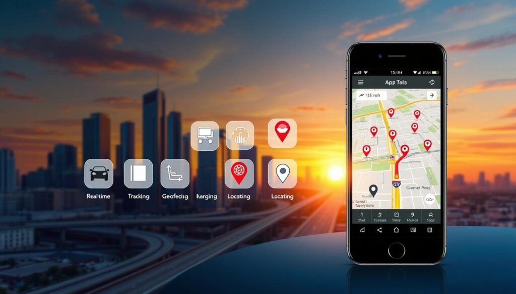 A detailed and vibrant illustration of essential location-based app features. In the foreground, a smartphone display showcases a GPS map interface with location markers, distance indicators, and routing lines. In the middle ground, various app icons representing real-time tracking, geofencing, and location sharing functionality. The background depicts a cityscape with skyscrapers, highways, and a sunset sky, emphasizing the urban environment where these location apps are most useful. The overall scene conveys a sense of utility, connectivity, and technological empowerment for the user.
