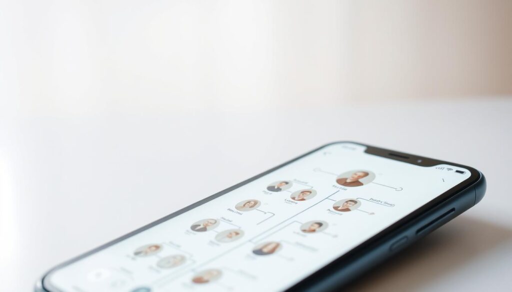 A detailed family tree displayed on a sleek, modern iPhone screen, with delicate lines connecting generations of ancestors. The foreground showcases the digital family tree interface, designed with a clean, intuitive layout and soothing pastel tones. In the middle ground, intricate family profiles are beautifully rendered, highlighting individual portraits and biographical details. The background subtly blurs, drawing the viewer's focus to the central family tree visualization, set against a minimalist iOS-inspired environment with soft, diffused lighting. The overall aesthetic conveys a sense of personal discovery, heritage, and the seamless integration of ancestral research with contemporary mobile technology. A detailed family tree displayed on a sleek, modern iPhone screen, with delicate lines connecting generations of ancestors. The foreground showcases the digital family tree interface, designed with a clean, intuitive layout and soothing pastel tones. In the middle ground, intricate family profiles are beautifully rendered, highlighting individual portraits and biographical details. The background subtly blurs, drawing the viewer's focus to the central family tree visualization, set against a minimalist iOS-inspired environment with soft, diffused lighting. The overall aesthetic conveys a sense of personal discovery, heritage, and the seamless integration of ancestral research with contemporary mobile technology.