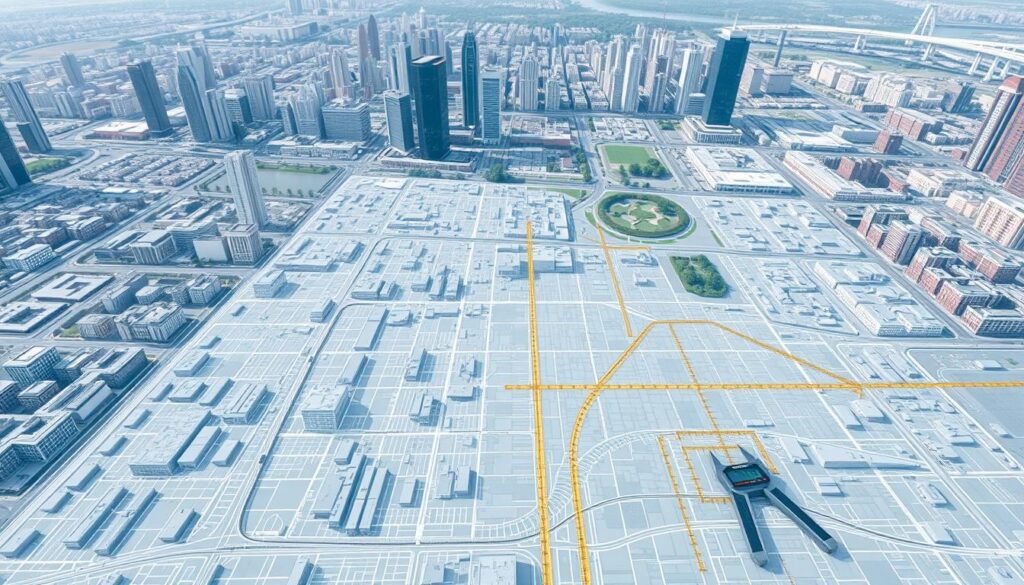 A detailed overhead view of a modern urban measure map, depicted with a crisp, high-resolution aerial perspective. In the foreground, a sophisticated digital mapping interface displays a grid-like layout of city blocks, streets, and buildings in natural shades of gray. The middle ground showcases a variety of measurement tools, such as rulers, protractors, and digital caliper readouts, seamlessly integrated into the user experience. In the background, a softly blurred cityscape stretches out, with skyscrapers, parks, and infrastructure providing context. The scene conveys a sense of precision, functionality, and technological advancement, perfectly suited for an article on measuring urban land via satellite applications. A detailed overhead view of a modern urban measure map, depicted with a crisp, high-resolution aerial perspective. In the foreground, a sophisticated digital mapping interface displays a grid-like layout of city blocks, streets, and buildings in natural shades of gray. The middle ground showcases a variety of measurement tools, such as rulers, protractors, and digital caliper readouts, seamlessly integrated into the user experience. In the background, a softly blurred cityscape stretches out, with skyscrapers, parks, and infrastructure providing context. The scene conveys a sense of precision, functionality, and technological advancement, perfectly suited for an article on measuring urban land via satellite applications.