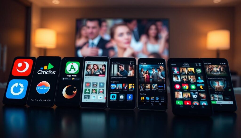 A detailed view of several popular mobile apps for watching Turkish soap operas, presented in a sleek, modern interface. The foreground showcases various app icons and logos, with a subtle depth of field effect. The middle ground features screenshots of the apps' user interfaces, highlighting their clean design and intuitive navigation. The background sets a warm, cinematic tone with muted lighting and soft focus, evoking the drama and escapism of Turkish television. The overall composition conveys a sense of curation and discernment, suitable for an article on the best apps for enjoying this cultural media. A detailed view of several popular mobile apps for watching Turkish soap operas, presented in a sleek, modern interface. The foreground showcases various app icons and logos, with a subtle depth of field effect. The middle ground features screenshots of the apps' user interfaces, highlighting their clean design and intuitive navigation. The background sets a warm, cinematic tone with muted lighting and soft focus, evoking the drama and escapism of Turkish television. The overall composition conveys a sense of curation and discernment, suitable for an article on the best apps for enjoying this cultural media.