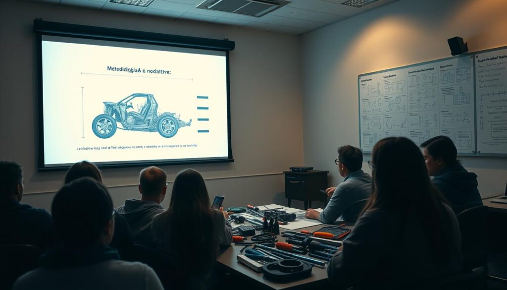 A dimly lit classroom with a large projection screen showcasing a detailed diagram of automotive mechanics. In the foreground, a group of students intently focused on the lesson, their faces illuminated by the soft glow of the screen. The middle ground features a desk with various automotive tools and components, neatly arranged, suggesting a hands-on, interactive learning environment. The background depicts a wall-mounted whiteboard filled with engineering equations and schematics, conveying the technical nature of the "metodologia EAD mecânica automotiva". The overall scene exudes a sense of focused, immersive education, with a subtle warm lighting that creates a cozy, inviting atmosphere.