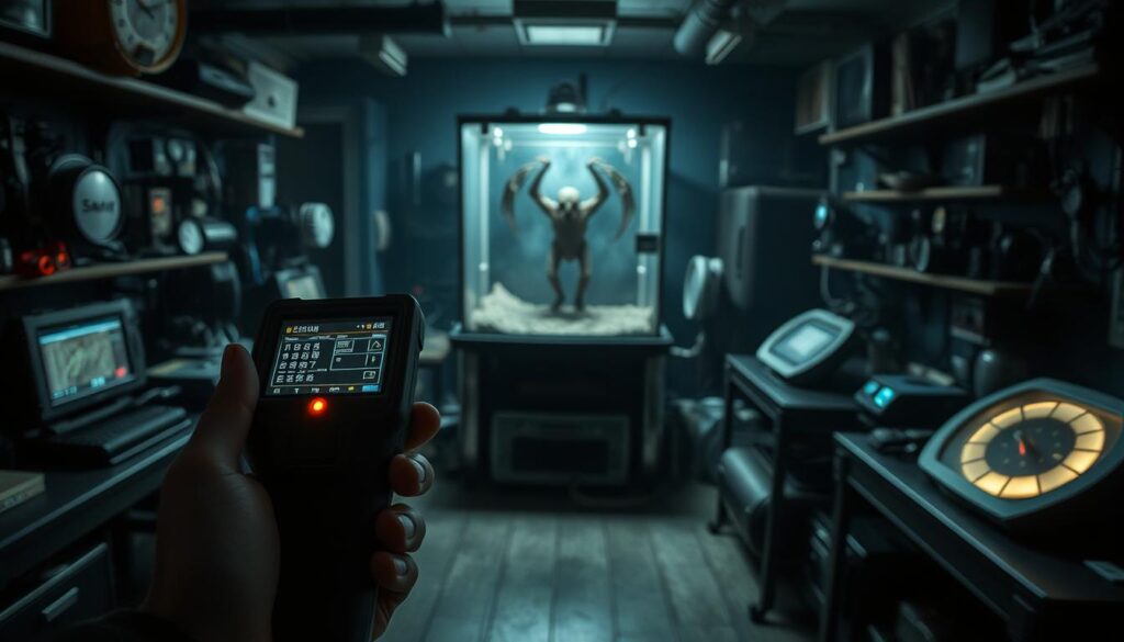 A dimly lit paranormal research laboratory, filled with an assortment of enigmatic instruments and devices. In the foreground, a sleek, futuristic-looking handheld detection device, its display glowing with mysterious energy readings. In the middle ground, a large, glass-enclosed containment chamber, housing an eerie, otherworldly specimen. The background is shrouded in shadows, hinting at the hidden, unseen forces that the researchers are seeking to uncover. The overall atmosphere is one of scientific curiosity and a sense of the unknown, with an intriguing blend of technology and the supernatural.