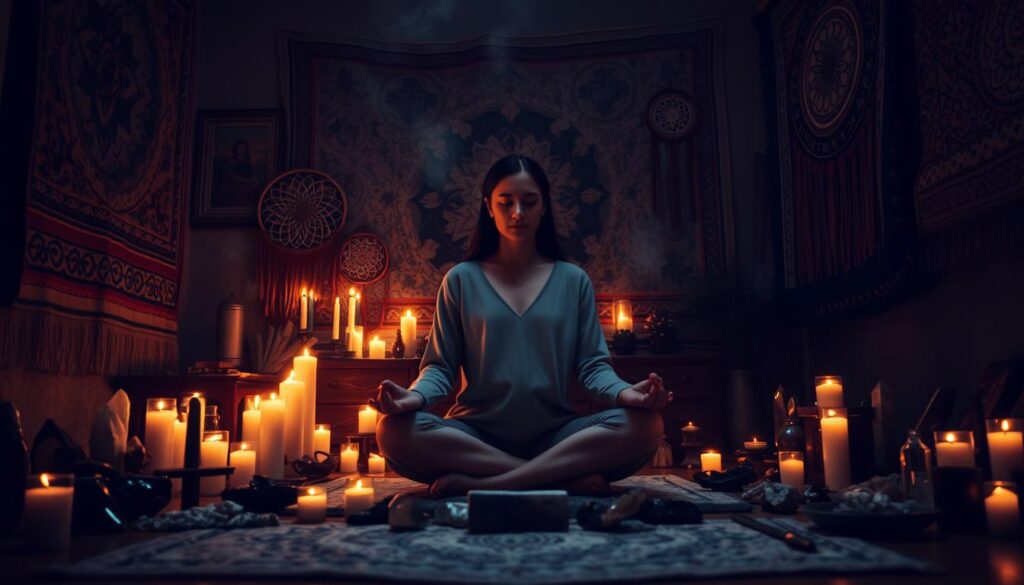 A dimly lit room, with candles casting a warm glow. In the foreground, a person sits cross-legged, hands resting on their knees, eyes closed in deep meditation. Surrounding them, an array of crystals, incense, and symbolic objects create an atmosphere of mysticism and spirituality. The walls are adorned with intricate tapestries and dreamcatchers, hinting at the connection between the physical and the metaphysical. Soft, ambient music plays in the background, further enhancing the meditative ambiance. The lighting is low-key, with shadows dancing across the scene, emphasizing the sense of caution and reverence associated with engaging in mediumistic practices. The overall impression is one of a sacred space, where one must approach with care and respect. A dimly lit room, with candles casting a warm glow. In the foreground, a person sits cross-legged, hands resting on their knees, eyes closed in deep meditation. Surrounding them, an array of crystals, incense, and symbolic objects create an atmosphere of mysticism and spirituality. The walls are adorned with intricate tapestries and dreamcatchers, hinting at the connection between the physical and the metaphysical. Soft, ambient music plays in the background, further enhancing the meditative ambiance. The lighting is low-key, with shadows dancing across the scene, emphasizing the sense of caution and reverence associated with engaging in mediumistic practices. The overall impression is one of a sacred space, where one must approach with care and respect.