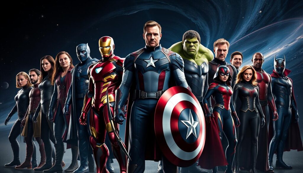 A dramatic, high-quality group portrait of the most iconic Marvel Cinematic Universe superheroes. Centered in the frame, standing tall and proud, are the key Avengers - Iron Man, Captain America, Thor, Hulk, Black Widow, and Hawkeye. Surrounding them are other notable characters like Black Panther, Doctor Strange, Ant-Man, Scarlet Witch, and Spider-Man, all rendered in vivid, cinematic detail. The lighting is dramatic, with sharp shadows and highlights that accentuate the heroic poses and costumes. The background is a dynamic, swirling cosmic scene, hinting at the grand scale of the Marvel universe. An air of determination and power emanates from the ensemble, ready to face any challenge. A dramatic, high-quality group portrait of the most iconic Marvel Cinematic Universe superheroes. Centered in the frame, standing tall and proud, are the key Avengers - Iron Man, Captain America, Thor, Hulk, Black Widow, and Hawkeye. Surrounding them are other notable characters like Black Panther, Doctor Strange, Ant-Man, Scarlet Witch, and Spider-Man, all rendered in vivid, cinematic detail. The lighting is dramatic, with sharp shadows and highlights that accentuate the heroic poses and costumes. The background is a dynamic, swirling cosmic scene, hinting at the grand scale of the Marvel universe. An air of determination and power emanates from the ensemble, ready to face any challenge.