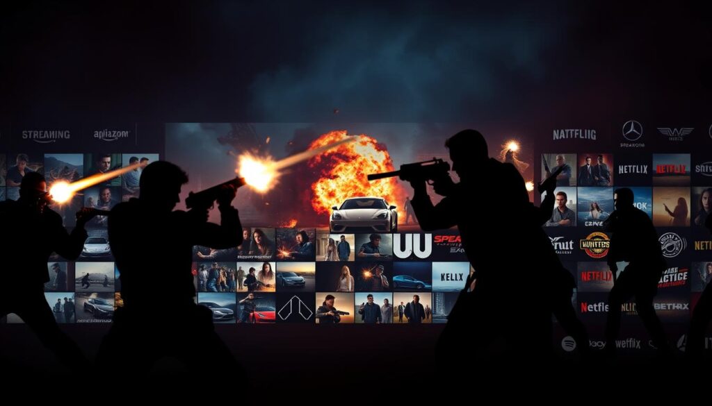 A high-intensity action movie marathon on a dark, cinematic backdrop. In the foreground, silhouettes of characters engaged in hand-to-hand combat, guns blazing, with dramatic lighting and moody shadows. In the middle ground, a collage of iconic action scenes from various hit TV series - car chases, explosions, and daring escapes. In the background, a subtle grid of streaming platform logos, hinting at the wealth of binge-worthy content available. The overall atmosphere is one of adrenaline, suspense, and the promise of edge-of-your-seat entertainment. A high-intensity action movie marathon on a dark, cinematic backdrop. In the foreground, silhouettes of characters engaged in hand-to-hand combat, guns blazing, with dramatic lighting and moody shadows. In the middle ground, a collage of iconic action scenes from various hit TV series - car chases, explosions, and daring escapes. In the background, a subtle grid of streaming platform logos, hinting at the wealth of binge-worthy content available. The overall atmosphere is one of adrenaline, suspense, and the promise of edge-of-your-seat entertainment.