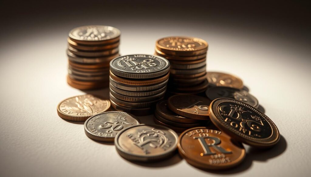 A meticulously lit tabletop scene showcasing a collection of antique, well-preserved coins. The coins are arranged in an aesthetically pleasing manner, some stacked, others fanned out, allowing for close inspection of their intricate designs and mint marks. Soft, diffused lighting from above casts subtle shadows, highlighting the coins' sheen and textures. The background is a muted, neutral tone, keeping the focus solely on the coins. A high-quality macro lens captures every intricate detail, from the grooves and ridges to the subtle tarnishing. The overall mood is one of scholarly appreciation and reverence for these historical numismatic treasures. A meticulously lit tabletop scene showcasing a collection of antique, well-preserved coins. The coins are arranged in an aesthetically pleasing manner, some stacked, others fanned out, allowing for close inspection of their intricate designs and mint marks. Soft, diffused lighting from above casts subtle shadows, highlighting the coins' sheen and textures. The background is a muted, neutral tone, keeping the focus solely on the coins. A high-quality macro lens captures every intricate detail, from the grooves and ridges to the subtle tarnishing. The overall mood is one of scholarly appreciation and reverence for these historical numismatic treasures.