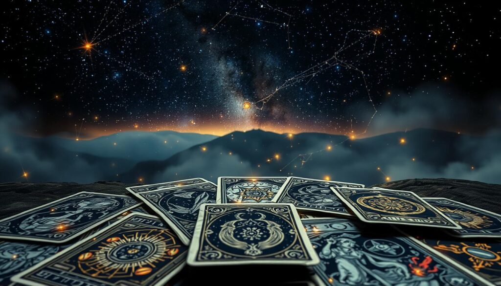 A mystical connection between the ancient arts of tarot and astrology, revealed in a captivating visual symphony. In the foreground, a tarot deck unfolds, its intricate symbols and arcane designs glistening in a soft, ethereal light. Intertwined with the cards, celestial patterns and planetary motifs dance across the composition, creating a mesmerizing fusion of the mystical and the cosmic. The middle ground features a starry night sky, its inky depths punctuated by glowing constellations that seem to guide the viewer towards a deeper understanding of the interplay between these two divination disciplines. In the background, a hazy, dreamlike landscape emerges, hinting at the infinite realms of possibility that lie beyond the veil of the physical world. The overall atmosphere is one of profound connection, ancient wisdom, and a sense of the unknown beckoning to be explored. A mystical connection between the ancient arts of tarot and astrology, revealed in a captivating visual symphony. In the foreground, a tarot deck unfolds, its intricate symbols and arcane designs glistening in a soft, ethereal light. Intertwined with the cards, celestial patterns and planetary motifs dance across the composition, creating a mesmerizing fusion of the mystical and the cosmic. The middle ground features a starry night sky, its inky depths punctuated by glowing constellations that seem to guide the viewer towards a deeper understanding of the interplay between these two divination disciplines. In the background, a hazy, dreamlike landscape emerges, hinting at the infinite realms of possibility that lie beyond the veil of the physical world. The overall atmosphere is one of profound connection, ancient wisdom, and a sense of the unknown beckoning to be explored.