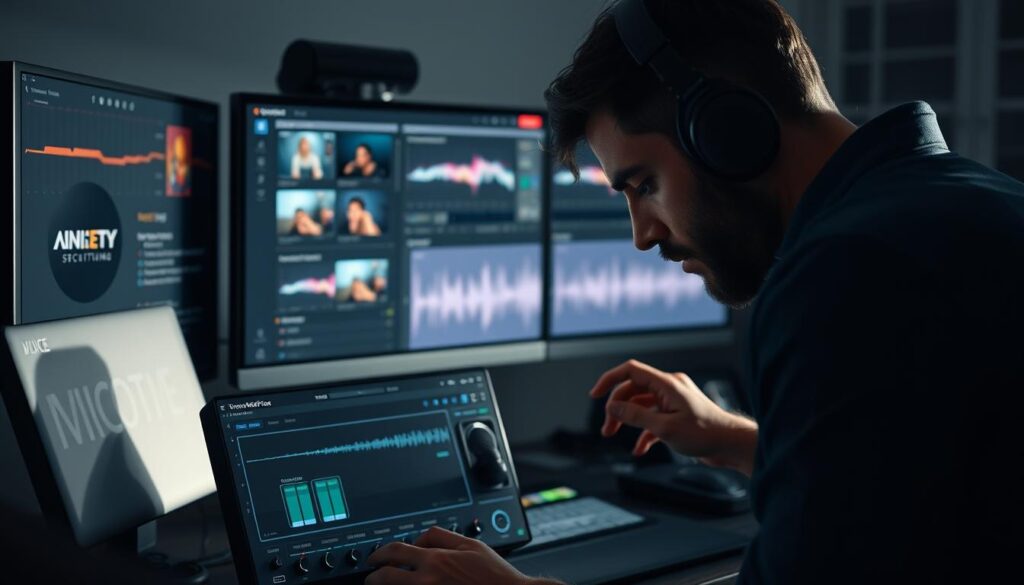 A professional video editor workstation with a high-definition display, sleek modern design, and intuitive interface. In the foreground, a dynamic voice modifier tool with advanced sound wave visualization and customizable voice profiles. The editor is engrossed, adjusting settings to produce a unique vocal transformation. Soft, directional lighting from the side casts dramatic shadows, creating an atmosphere of creativity and technical mastery. The scene conveys the power and flexibility of modern video editing tools to seamlessly alter one's voice for a variety of multimedia applications.