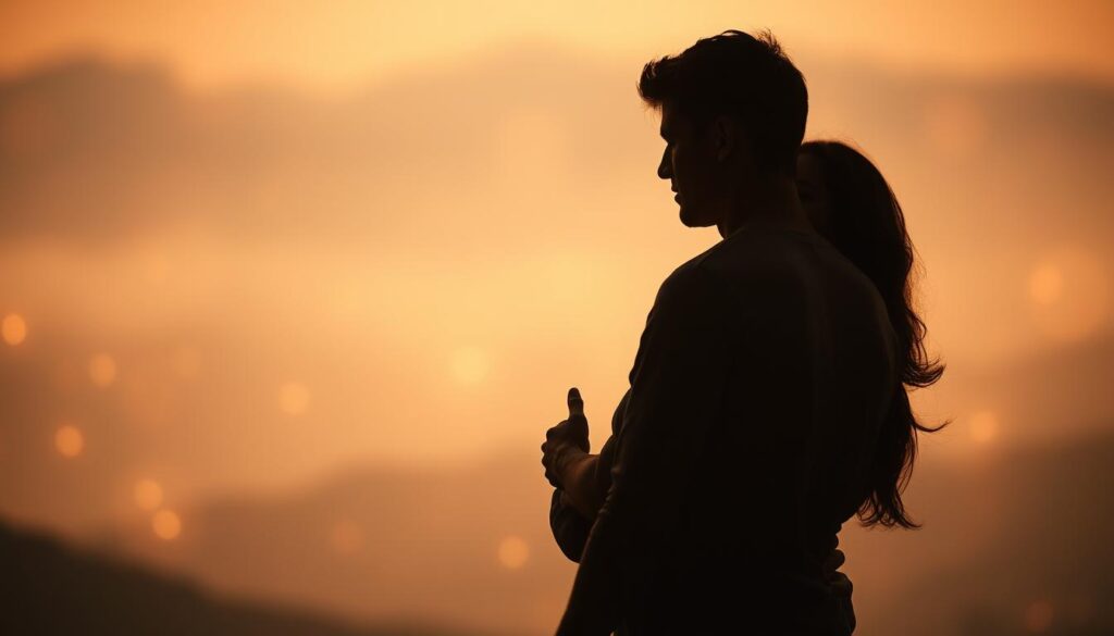 A romantic scene of soulmates embracing against a dreamy, ethereal backdrop. Two figures, silhouetted in soft lighting, their bodies intertwined in a tender, passionate embrace. The background is a hazy, dreamlike landscape with shimmering stars or fireflies, evoking a sense of timeless, celestial love. The composition is balanced, with the couple as the central focus, surrounded by an aura of love and destiny. The atmosphere is intimate, warm, and soothing, capturing the essence of finding one's "twin flame" and the enchanting stories of eternal love.