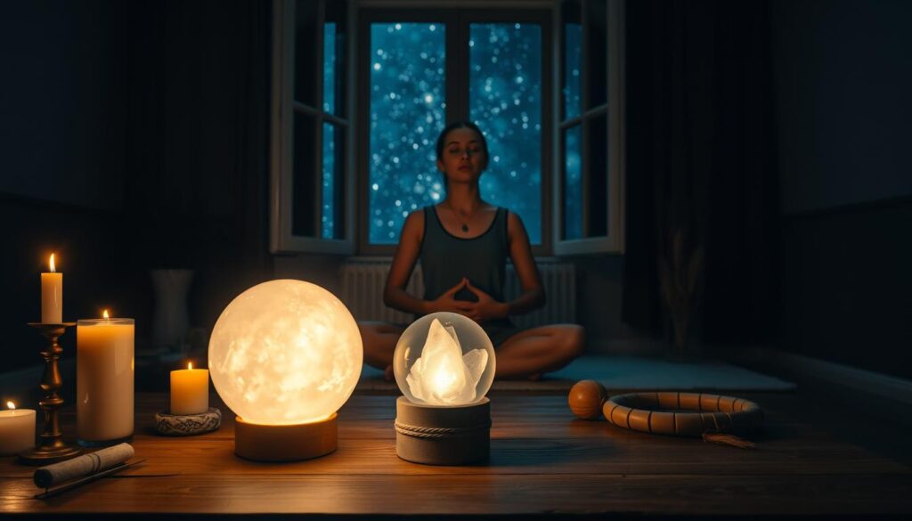 A serene, dimly lit room with a tranquil atmosphere. In the foreground, a glowing crystal sphere sits on a wooden table, radiating a soft, ethereal light. Surrounding it are various spiritual symbols and artifacts, such as candles, sage, and a dream catcher. In the middle ground, a person in a meditative pose, eyes closed, hands resting on their lap, bathed in the warm glow of the crystal. In the background, a window reveals a starry night sky, creating a sense of connection between the physical and spiritual realms. The scene evokes a sense of inner peace, harmony, and the potential for meaningful spiritual communication. A serene, dimly lit room with a tranquil atmosphere. In the foreground, a glowing crystal sphere sits on a wooden table, radiating a soft, ethereal light. Surrounding it are various spiritual symbols and artifacts, such as candles, sage, and a dream catcher. In the middle ground, a person in a meditative pose, eyes closed, hands resting on their lap, bathed in the warm glow of the crystal. In the background, a window reveals a starry night sky, creating a sense of connection between the physical and spiritual realms. The scene evokes a sense of inner peace, harmony, and the potential for meaningful spiritual communication.