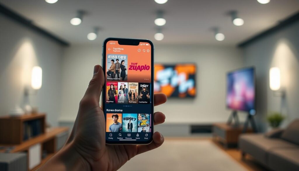A sleek, modern mobile app interface showcasing a collection of Korean drama titles. In the foreground, a user's hand holds a smartphone displaying a visually striking app design with clean lines, bold typography, and vibrant color accents. The middle ground features a collection of drama thumbnails, each with an eye-catching poster and title. The background subtly blurs, creating a sense of depth and focus on the app interface. Soft, directional lighting from the top left casts a warm, inviting glow across the scene, conveying a sense of entertainment and relaxation. The overall mood is one of a seamless, immersive experience for discovering and watching the latest Korean television dramas. A sleek, modern mobile app interface showcasing a collection of Korean drama titles. In the foreground, a user's hand holds a smartphone displaying a visually striking app design with clean lines, bold typography, and vibrant color accents. The middle ground features a collection of drama thumbnails, each with an eye-catching poster and title. The background subtly blurs, creating a sense of depth and focus on the app interface. Soft, directional lighting from the top left casts a warm, inviting glow across the scene, conveying a sense of entertainment and relaxation. The overall mood is one of a seamless, immersive experience for discovering and watching the latest Korean television dramas.