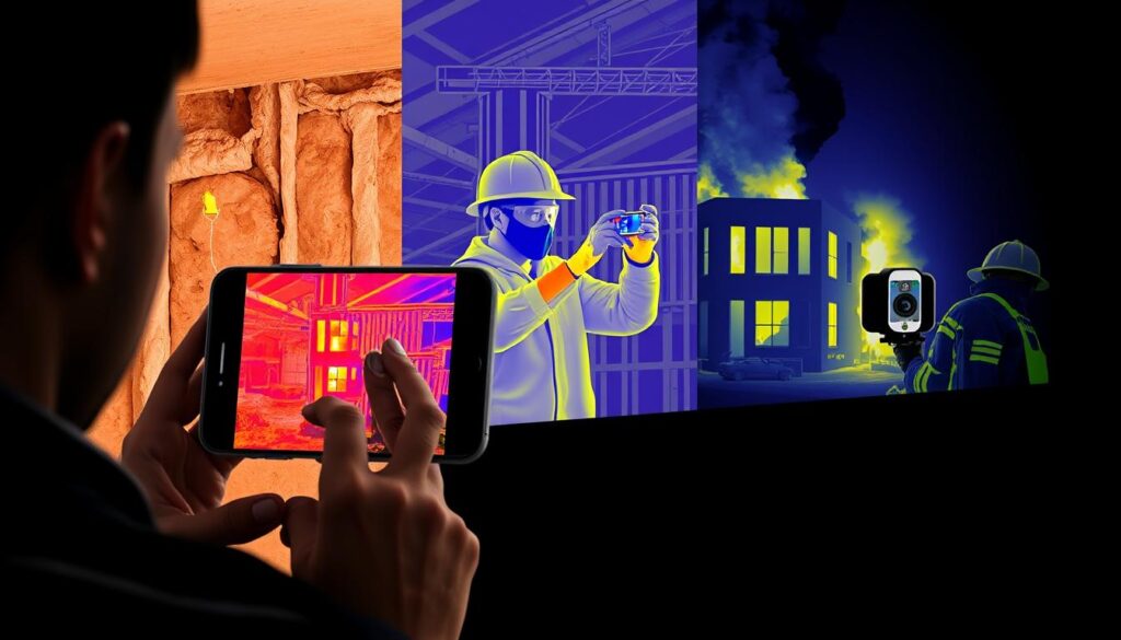 A thermal camera-equipped smartphone capturing diverse real-world applications in a stylized, technical illustration. In the foreground, a person inspecting insulation with the thermal camera, heat signatures clearly visible. In the middle ground, a construction worker monitoring infrastructure with the device, temperature gradients highlighted. In the background, a firefighter using the thermal camera to locate hotspots in a burning building, the environment bathed in an ominous glow. Crisp, high-contrast rendering with a minimalist, schematic aesthetic conveying the precision and utility of thermal imaging technology on a mobile platform. A thermal camera-equipped smartphone capturing diverse real-world applications in a stylized, technical illustration. In the foreground, a person inspecting insulation with the thermal camera, heat signatures clearly visible. In the middle ground, a construction worker monitoring infrastructure with the device, temperature gradients highlighted. In the background, a firefighter using the thermal camera to locate hotspots in a burning building, the environment bathed in an ominous glow. Crisp, high-contrast rendering with a minimalist, schematic aesthetic conveying the precision and utility of thermal imaging technology on a mobile platform.
