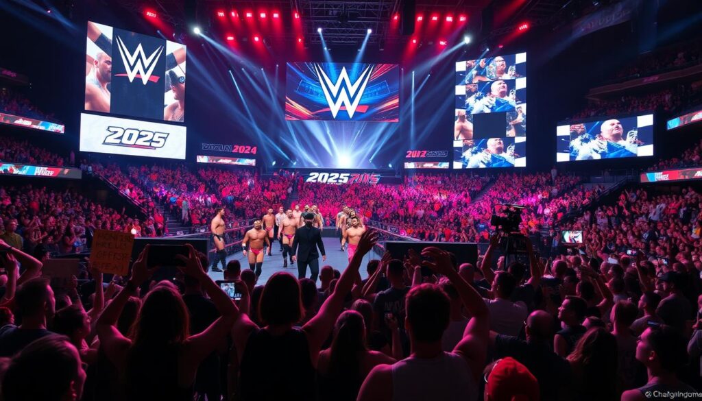 A vibrant, action-packed arena filled with energetic WWE fans eagerly awaiting the start of the 2025 live event. The stage is adorned with sleek, futuristic LED panels displaying the iconic WWE logo, casting a dramatic glow across the packed venue. Wrestlers stride confidently down the ramp, their muscular physiques and elaborate costumes catching the bright, theatrical lighting. In the foreground, a group of fans wave colorful signs and banners, their expressions a mix of excitement and anticipation. The background features towering video screens displaying dynamic graphics and replays, immersing the audience in the high-intensity spectacle. An atmosphere of electric energy and fierce competition permeates the scene, capturing the essence of the 2025 WWE live event experience. A vibrant, action-packed arena filled with energetic WWE fans eagerly awaiting the start of the 2025 live event. The stage is adorned with sleek, futuristic LED panels displaying the iconic WWE logo, casting a dramatic glow across the packed venue. Wrestlers stride confidently down the ramp, their muscular physiques and elaborate costumes catching the bright, theatrical lighting. In the foreground, a group of fans wave colorful signs and banners, their expressions a mix of excitement and anticipation. The background features towering video screens displaying dynamic graphics and replays, immersing the audience in the high-intensity spectacle. An atmosphere of electric energy and fierce competition permeates the scene, capturing the essence of the 2025 WWE live event experience.