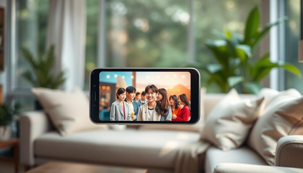 A vibrant and immersive scene showcasing the benefits of using mobile apps to enjoy Korean dramas. In the foreground, a smartphone displays a captivating drama, its screen glowing with vivid colors and crisp details. The middle ground features a cozy living room setting, with a comfortable sofa and plush pillows, creating a relaxing atmosphere for the viewer. The background blends tranquil natural elements, such as lush greenery and a softly diffused light, evoking a sense of harmony and serenity. The overall composition conveys the convenience, immersion, and enjoyment of accessing Korean dramas on-the-go through a well-designed mobile application. A vibrant and immersive scene showcasing the benefits of using mobile apps to enjoy Korean dramas. In the foreground, a smartphone displays a captivating drama, its screen glowing with vivid colors and crisp details. The middle ground features a cozy living room setting, with a comfortable sofa and plush pillows, creating a relaxing atmosphere for the viewer. The background blends tranquil natural elements, such as lush greenery and a softly diffused light, evoking a sense of harmony and serenity. The overall composition conveys the convenience, immersion, and enjoyment of accessing Korean dramas on-the-go through a well-designed mobile application.