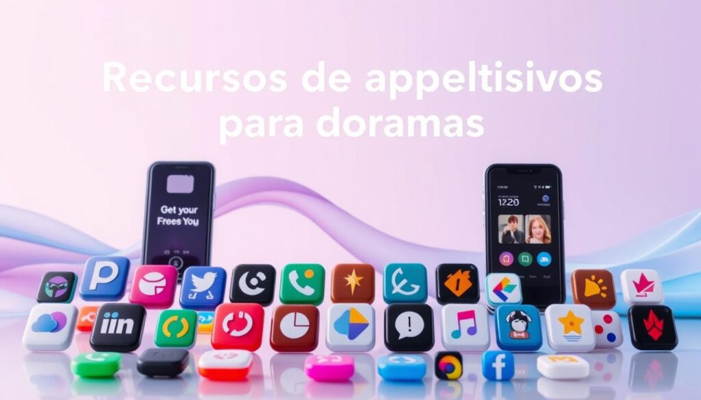 A vibrant and visually engaging image of "Recursos de aplicativos para doramas", showcasing a variety of mobile application icons and features against a modern, minimalist backdrop. The foreground should display a diverse array of app icons, each representing key functionalities such as video playback, subtitle options, episode selection, and social sharing. The middle ground could feature fluid, semi-transparent UI elements like sliders, buttons, and menus, hinting at the intuitive user experience. The background should convey a sense of tranquility and focus, with a soft, gradient-based color palette that complements the app icons and interface components. The overall composition should strike a balance between simplicity and sophistication, reflecting the refined and user-friendly nature of the best apps for watching Korean dramas. A vibrant and visually engaging image of "Recursos de aplicativos para doramas", showcasing a variety of mobile application icons and features against a modern, minimalist backdrop. The foreground should display a diverse array of app icons, each representing key functionalities such as video playback, subtitle options, episode selection, and social sharing. The middle ground could feature fluid, semi-transparent UI elements like sliders, buttons, and menus, hinting at the intuitive user experience. The background should convey a sense of tranquility and focus, with a soft, gradient-based color palette that complements the app icons and interface components. The overall composition should strike a balance between simplicity and sophistication, reflecting the refined and user-friendly nature of the best apps for watching Korean dramas.