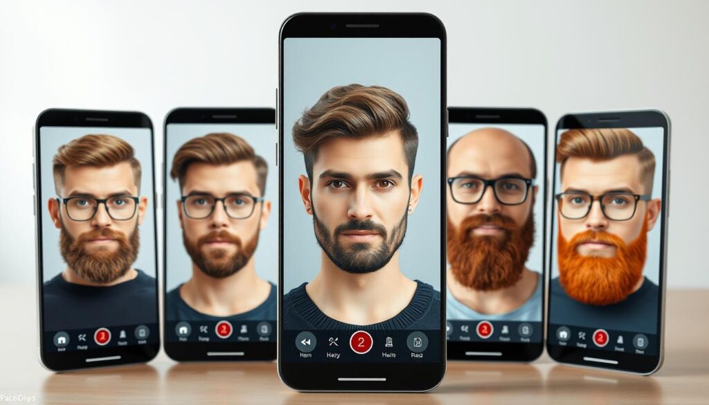 a highly detailed and photorealistic image of five popular mobile apps for simulating men's haircuts and facial hair styles, shot with a professional camera in a brightly lit studio setting, with a clean and minimalistic background, showcasing the apps' intuitive user interfaces and realistic 3D render quality, creating a visually appealing and informative illustration for an article on testing new hairstyles using AI technology