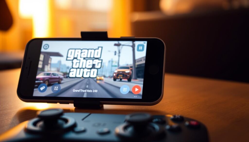 A mobile device prominently displayed, its screen showcasing the iconic Grand Theft Auto gameplay. The foreground features the smartphone in high detail, its sleek design and vibrant display capturing the user's attention. In the middle ground, a person's hand interacts with the touchscreen, seamlessly navigating the game's rich, open-world environment. The background subtly blends a modern urban setting, with skyscrapers and city infrastructure, hinting at the game's immersive, realistic atmosphere. Warm, cinematic lighting illuminates the scene, creating a sense of immersion and engagement. The overall composition conveys the thrill and accessibility of playing a renowned console game on a portable device.