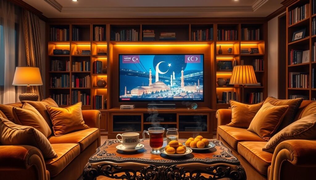 A cozy living room with a large flat-screen TV taking center stage, displaying a Turkish soap opera. Plush velvet furniture in warm tones surrounds the TV, creating an inviting and relaxing atmosphere. The room is illuminated by soft, ambient lighting, casting a golden glow. Bookshelves line the walls, hinting at the occupant's diverse interests. A cup of steaming tea and a plate of traditional Turkish sweets sit on a carved wooden coffee table, adding to the sense of comfort and indulgence. The scene evokes a feeling of being immersed in the captivating world of Turkish television dramas. A cozy living room with a large flat-screen TV taking center stage, displaying a Turkish soap opera. Plush velvet furniture in warm tones surrounds the TV, creating an inviting and relaxing atmosphere. The room is illuminated by soft, ambient lighting, casting a golden glow. Bookshelves line the walls, hinting at the occupant's diverse interests. A cup of steaming tea and a plate of traditional Turkish sweets sit on a carved wooden coffee table, adding to the sense of comfort and indulgence. The scene evokes a feeling of being immersed in the captivating world of Turkish television dramas.