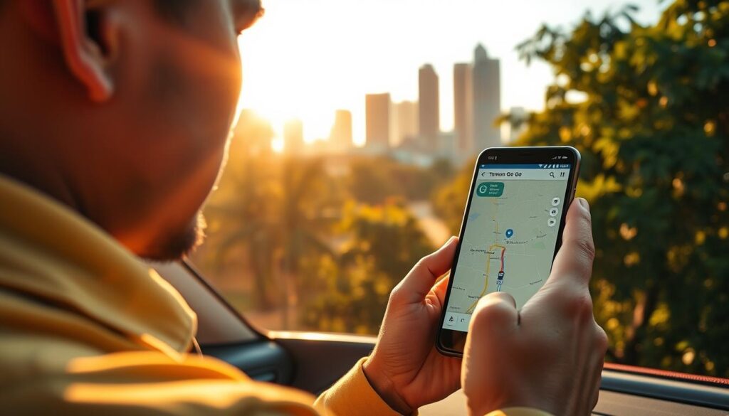 A detailed, high-resolution image of a person navigating with a TomTom GO device on a smartphone, set against the backdrop of a lush, verdant Brazilian cityscape. The scene is bathed in warm, golden afternoon sunlight, creating a serene and inviting atmosphere. The user's face is visible, with a focused expression as they interact with the device's intuitive interface. The TomTom GO app's familiar map and navigation UI takes up a prominent position on the screen, guiding the user's journey. The surrounding city skyline, featuring towering skyscrapers and lush foliage, adds a sense of scale and context to the scene, highlighting the practicality and versatility of the TomTom GO app in an urban Brazilian setting.