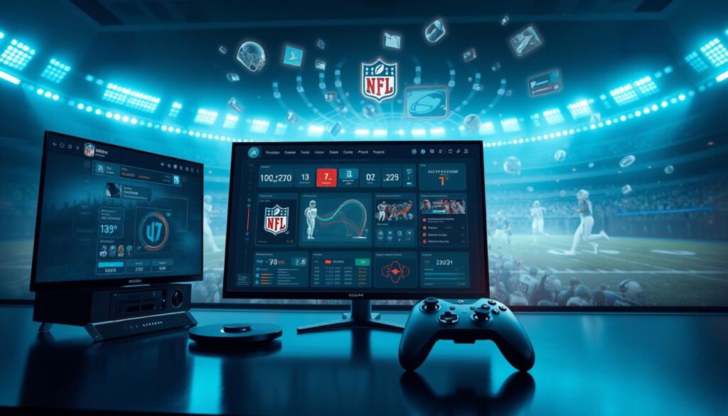 A high-tech, futuristic image showcasing the technical configurations and solutions for accessing NFL games. In the foreground, a sleek, modern gaming setup with a high-resolution display, wireless gaming controller, and a powerful gaming PC. The middle ground features a complex dashboard or interface displaying real-time game data, statistics, and streaming options. In the background, a dynamic, holographic representation of an NFL stadium or field, with players in motion and various data visualizations floating in the air. Lighting is cool-toned and evenly distributed, creating a clean, professional atmosphere. The overall scene conveys a sense of technological sophistication and seamless integration for the ultimate NFL viewing experience.