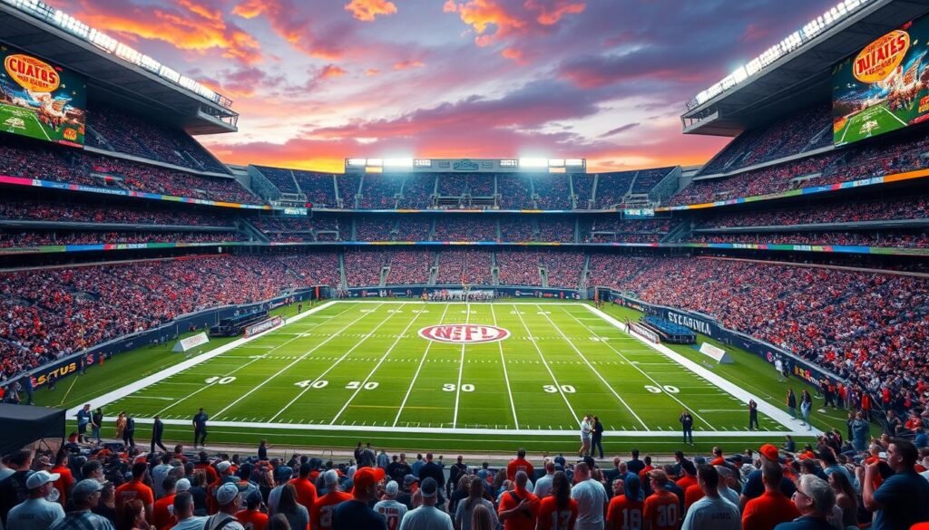 A majestic stadium, bathed in the warm glow of the setting sun, stands as the centerpiece of a vibrant scene. The field is a verdant expanse, meticulously maintained, ready to host the greatest spectacle in American sports - the Super Bowl. Towering video screens and scoreboards flank the arena, their brilliant displays captivating the eager crowd. Tailgaters gather outside, their grills sizzling with the aroma of gameday fare, as fans in team jerseys and face paint eagerly await the start of the big game. The air is electric with anticipation, a testament to the enduring legacy and tradition of this iconic event. A majestic stadium, bathed in the warm glow of the setting sun, stands as the centerpiece of a vibrant scene. The field is a verdant expanse, meticulously maintained, ready to host the greatest spectacle in American sports - the Super Bowl. Towering video screens and scoreboards flank the arena, their brilliant displays captivating the eager crowd. Tailgaters gather outside, their grills sizzling with the aroma of gameday fare, as fans in team jerseys and face paint eagerly await the start of the big game. The air is electric with anticipation, a testament to the enduring legacy and tradition of this iconic event.