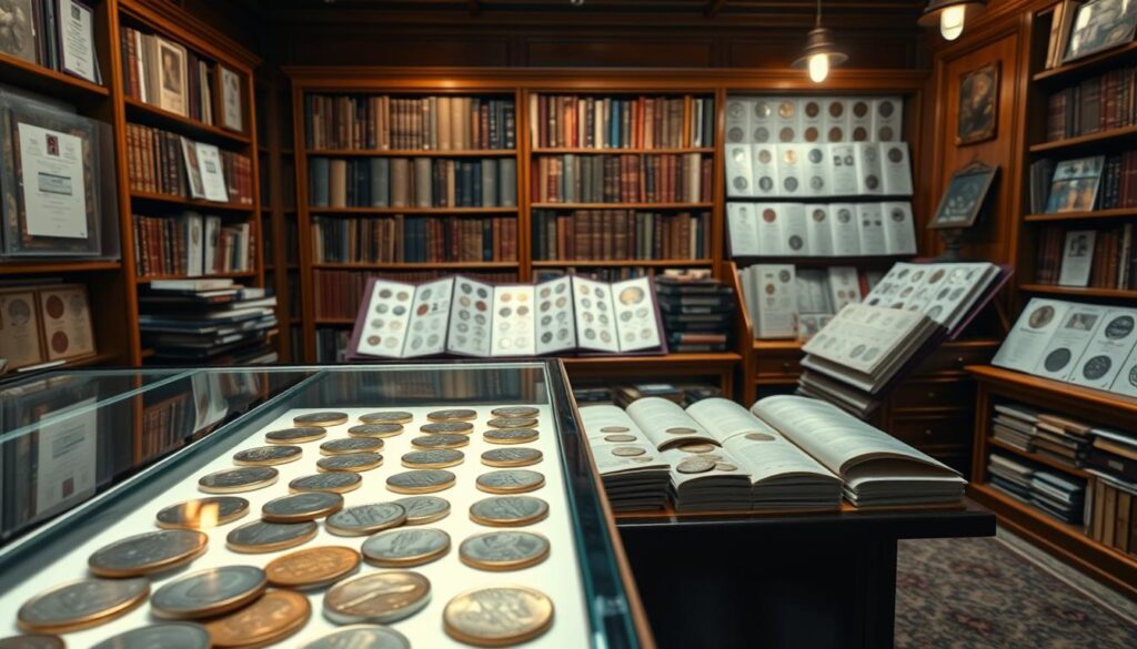 A meticulously detailed database of rare coins, showcasing a vast collection of historical and valuable numismatic treasures. The foreground features a well-lit display case, showcasing a selection of pristine, high-grade coins in various denominations, meticulously arranged to highlight their intricate designs and mint marks. The middle ground reveals cabinets and shelves lined with expertly curated coin folders, each containing a wealth of information and rare specimens. The background depicts a softly lit, scholarly environment, with wooden bookshelves and antique lighting fixtures, evoking a sense of timeless elegance and scholarly pursuit. The overall atmosphere conveys a reverence for the enduring legacy of these numismatic wonders, inviting the viewer to discover the captivating stories and impressive numerical data behind each rare coin. A meticulously detailed database of rare coins, showcasing a vast collection of historical and valuable numismatic treasures. The foreground features a well-lit display case, showcasing a selection of pristine, high-grade coins in various denominations, meticulously arranged to highlight their intricate designs and mint marks. The middle ground reveals cabinets and shelves lined with expertly curated coin folders, each containing a wealth of information and rare specimens. The background depicts a softly lit, scholarly environment, with wooden bookshelves and antique lighting fixtures, evoking a sense of timeless elegance and scholarly pursuit. The overall atmosphere conveys a reverence for the enduring legacy of these numismatic wonders, inviting the viewer to discover the captivating stories and impressive numerical data behind each rare coin.