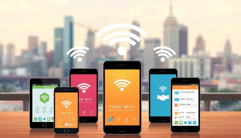 A modern, minimalist illustration showcasing a group of mobile devices connected to a central Wi-Fi hotspot, set against a cityscape backdrop. The foreground features a selection of popular free Wi-Fi apps displayed on the device screens, highlighting their intuitive interfaces and useful features. The middle ground depicts the devices with glowing connectivity indicators, emphasizing the seamless access to wireless internet. The background includes a blurred urban landscape with recognizable landmarks, conveying the idea of ubiquitous free Wi-Fi availability throughout the city. The overall scene has a bright, clean aesthetic, with warm lighting and a sense of technological progress, reflecting the convenience and accessibility of the featured applications. A modern, minimalist illustration showcasing a group of mobile devices connected to a central Wi-Fi hotspot, set against a cityscape backdrop. The foreground features a selection of popular free Wi-Fi apps displayed on the device screens, highlighting their intuitive interfaces and useful features. The middle ground depicts the devices with glowing connectivity indicators, emphasizing the seamless access to wireless internet. The background includes a blurred urban landscape with recognizable landmarks, conveying the idea of ubiquitous free Wi-Fi availability throughout the city. The overall scene has a bright, clean aesthetic, with warm lighting and a sense of technological progress, reflecting the convenience and accessibility of the featured applications.