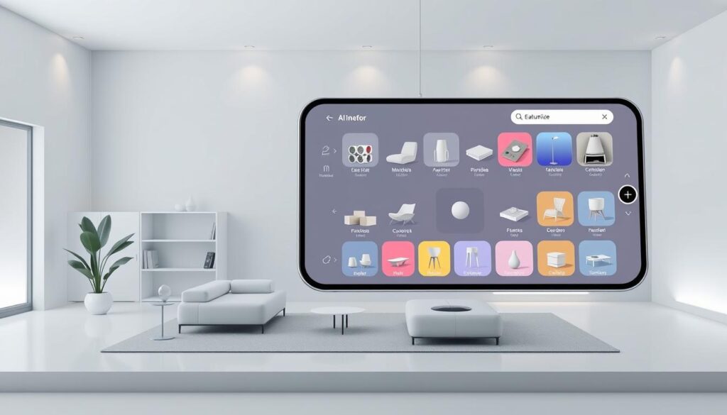 A modern, minimalist interior design app with a sleek AI-powered interface. In the foreground, a stylized home layout with seamless room partitions and fluid furniture arrangements. In the middle ground, a floating display showcases customizable 3D models and color palettes, all controlled by intuitive gesture-based controls. The background features a muted gradient backdrop, with subtle lighting accents that create a serene, futuristic atmosphere. The overall scene conveys the ease and power of transforming one's living space using the latest AI-driven design tools. A modern, minimalist interior design app with a sleek AI-powered interface. In the foreground, a stylized home layout with seamless room partitions and fluid furniture arrangements. In the middle ground, a floating display showcases customizable 3D models and color palettes, all controlled by intuitive gesture-based controls. The background features a muted gradient backdrop, with subtle lighting accents that create a serene, futuristic atmosphere. The overall scene conveys the ease and power of transforming one's living space using the latest AI-driven design tools.