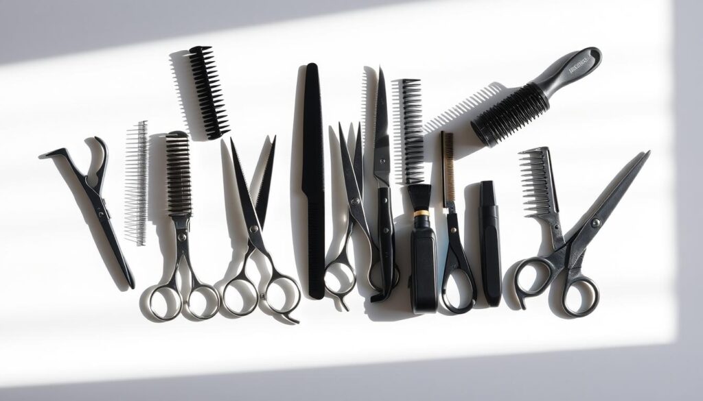 A neatly arranged collection of hair styling tools including scissors, combs, brushes, and hair clippers against a bright, minimalist background. The tools are positioned to suggest the functionality and versatility of modern hair cutting applications, casting long, dramatic shadows to convey a sense of depth and three-dimensionality. The lighting is soft and diffused, creating a clean, professional aesthetic suitable for an informative article on hair styling apps. The composition is balanced and symmetrical, drawing the viewer's eye to the core hair cutting tools at the center of the frame. A neatly arranged collection of hair styling tools including scissors, combs, brushes, and hair clippers against a bright, minimalist background. The tools are positioned to suggest the functionality and versatility of modern hair cutting applications, casting long, dramatic shadows to convey a sense of depth and three-dimensionality. The lighting is soft and diffused, creating a clean, professional aesthetic suitable for an informative article on hair styling apps. The composition is balanced and symmetrical, drawing the viewer's eye to the core hair cutting tools at the center of the frame.