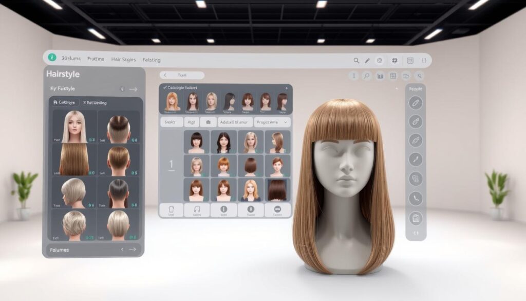 A photorealistic 3D render of a modern, user-friendly hair simulation software interface, featuring a sleek and intuitive design. The foreground displays a virtual 3D head model with customizable hairstyles, allowing the user to experiment with different cuts and colors. The middle ground showcases various hairstyle options and tools for adjusting length, volume, and texture. The background depicts a softly lit, minimalist studio setting, providing a clean and focused environment for the hair simulation experience. The overall mood is one of technological sophistication and personal experimentation, conveying the power of AI-driven tools to help users envision their ideal hair transformations. A photorealistic 3D render of a modern, user-friendly hair simulation software interface, featuring a sleek and intuitive design. The foreground displays a virtual 3D head model with customizable hairstyles, allowing the user to experiment with different cuts and colors. The middle ground showcases various hairstyle options and tools for adjusting length, volume, and texture. The background depicts a softly lit, minimalist studio setting, providing a clean and focused environment for the hair simulation experience. The overall mood is one of technological sophistication and personal experimentation, conveying the power of AI-driven tools to help users envision their ideal hair transformations.