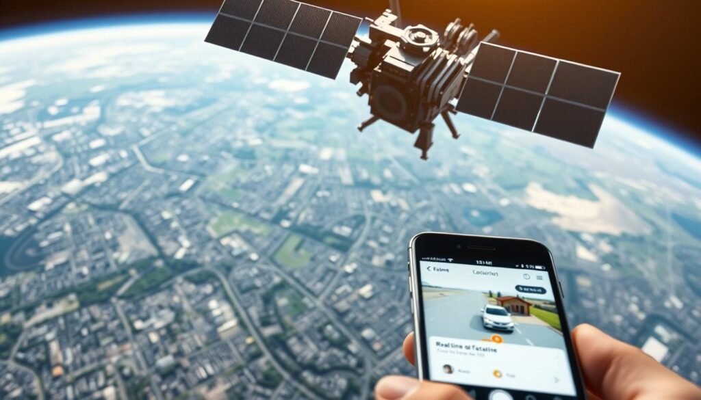 A satellite orbiting the Earth, its lens capturing a detailed map of a city below. In the foreground, a mobile device screen displays a real-time location-sharing interface, showing the precise location of a car or house. The map is crisp and vibrant, rendered in high definition with subtle topographical details. The lighting is natural, with soft shadows and highlights accentuating the technological elements. The overall mood is one of futuristic connectivity, where the boundaries between the digital and physical worlds are seamlessly blurred.