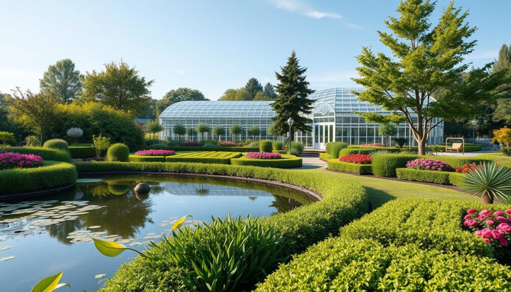 A serene garden landscape with an AI-powered planning interface in the foreground. A tranquil pond reflects the lush foliage and a clear blue sky above. In the middle ground, an array of meticulously arranged flower beds and neatly trimmed hedges, their colors and patterns optimized by an AI system. In the background, a modern, energy-efficient greenhouse with smart sensors monitoring plant health. Soft, diffused lighting creates a calming atmosphere, while a wide-angle lens captures the harmonious integration of technology and nature. The overall mood evokes a sense of harmony, efficiency, and the power of AI to enhance the art of gardening. A serene garden landscape with an AI-powered planning interface in the foreground. A tranquil pond reflects the lush foliage and a clear blue sky above. In the middle ground, an array of meticulously arranged flower beds and neatly trimmed hedges, their colors and patterns optimized by an AI system. In the background, a modern, energy-efficient greenhouse with smart sensors monitoring plant health. Soft, diffused lighting creates a calming atmosphere, while a wide-angle lens captures the harmonious integration of technology and nature. The overall mood evokes a sense of harmony, efficiency, and the power of AI to enhance the art of gardening.