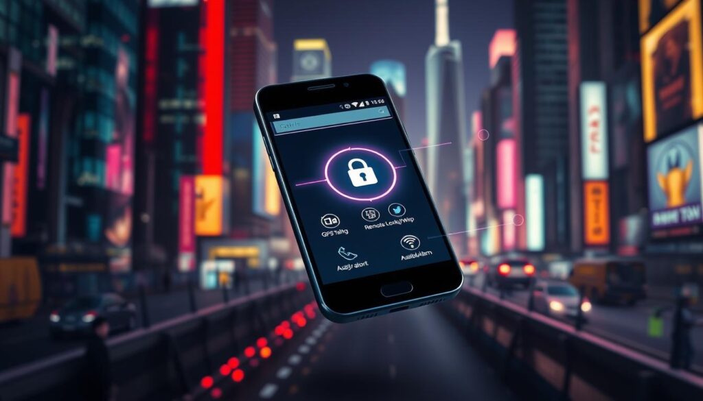 A sleek, futuristic Android smartphone levitating against a dynamic, neon-lit cityscape. The device's holographic display showcases various anti-theft features, including a GPS tracking system, remote locking/wiping capabilities, and an audible alarm. The scene exudes a sense of technological sophistication and personal security, emphasizing the advanced protective measures available for safeguarding one's mobile device. Dramatic lighting casts dramatic shadows, creating a high-contrast, cinematic atmosphere. The composition is balanced, with the smartphone as the central focus, surrounded by a vibrant, metropolitan backdrop.