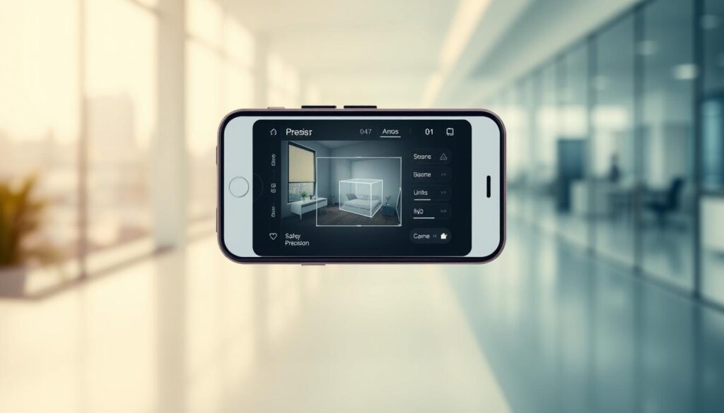 A sleek, modern mobile app interface showcasing a digital measurement tool. In the foreground, a clean, minimalist layout with intuitive controls and a large, high-resolution preview window displaying a 3D object or room. The middle ground features various measurement tools, units, and precision settings accessible through a smooth, responsive user interface. The background has a subtle, blurred urban landscape or office environment, conveying a sense of utility and professionalism. The overall aesthetic is streamlined, visually appealing, and designed to enhance the user's experience when measuring and quantifying real-world spaces. Soft, directional lighting illuminates the scene, creating depth and highlighting the app's key features.