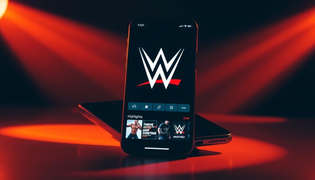 A sleek, modern mobile application user interface, showcasing the WWE logo prominently in the center. The layout features a clean, minimalist design with a dark color scheme, accented by vibrant neon highlights. The interface displays various options for navigating and accessing WWE content, such as live events, highlights, and on-demand matches. The scene is illuminated by a warm, directional light, casting dramatic shadows and highlighting the dynamic composition. The overall mood is one of excitement and anticipation, perfectly capturing the essence of the WWE experience on a mobile device. A sleek, modern mobile application user interface, showcasing the WWE logo prominently in the center. The layout features a clean, minimalist design with a dark color scheme, accented by vibrant neon highlights. The interface displays various options for navigating and accessing WWE content, such as live events, highlights, and on-demand matches. The scene is illuminated by a warm, directional light, casting dramatic shadows and highlighting the dynamic composition. The overall mood is one of excitement and anticipation, perfectly capturing the essence of the WWE experience on a mobile device.