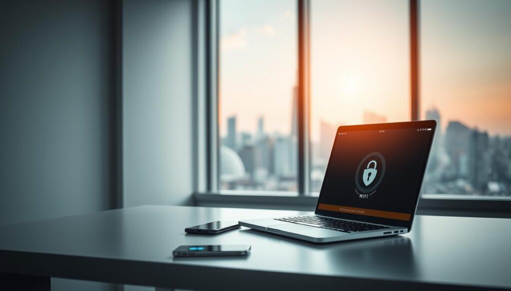 A sleek, modern office setting with a large window overlooking a vibrant city skyline. In the foreground, a laptop sits open on a minimalist desk, its screen displaying a secure Wi-Fi connection and a lock icon, indicating a secure network. Subtle lighting from the window casts a warm glow across the scene, creating a sense of productivity and tranquility. In the middle ground, a smartphone rests next to the laptop, its screen showcasing a mobile antivirus app interface, emphasizing the importance of digital security. The background features a serene, blurred cityscape, symbolizing the connectivity and accessibility of wireless networks, balanced with the need for vigilance and protection.