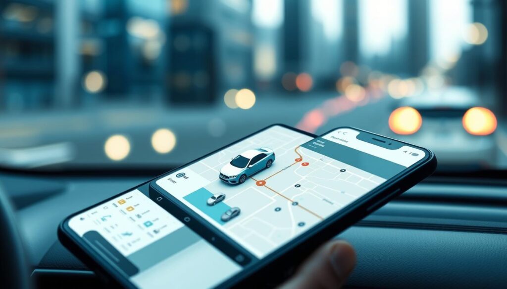 A sleek, modern smartphone display showcasing the intuitive interface of a car tracking app. In the foreground, a clean dashboard design with icons and data visualizations, depicting vehicle location, status, and essential details. The middle ground features a 3D map rendering the surrounding area, with the tracked vehicle's position highlighted. In the background, a blurred cityscape conveys the app's real-time monitoring capabilities. Lighting is soft and diffused, creating a sense of technological sophistication. The overall composition and color palette evoke a feeling of efficiency, control, and seamless connectivity between the user and their vehicle.