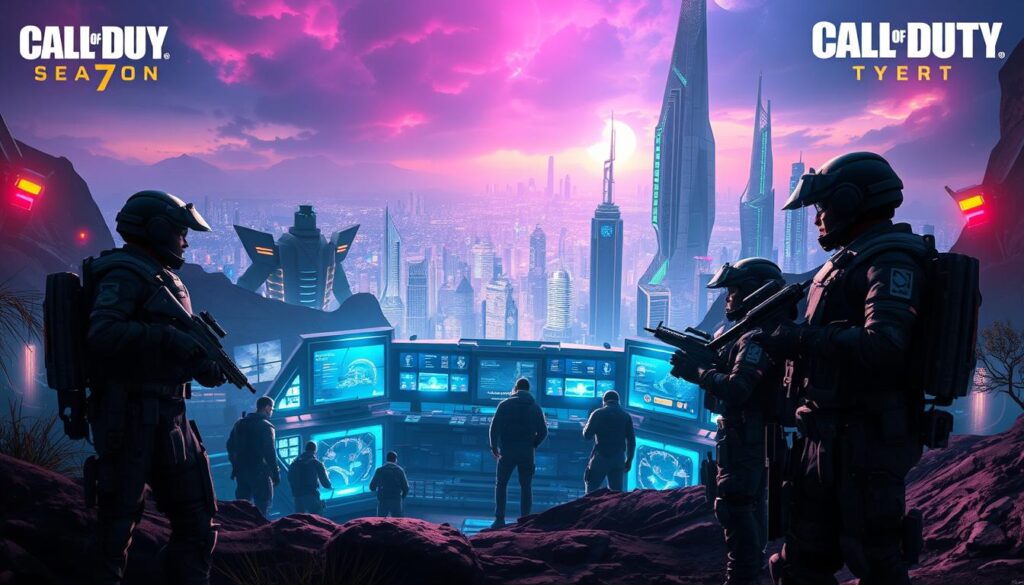 A vibrant, futuristic landscape showcasing the latest updates and new features of Call of Duty's Season 7. In the foreground, a team of elite soldiers equipped with advanced tactical gear and weaponry stands ready to engage in intense combat. The middle ground features a sleek, high-tech control center with holographic displays and interfaces, hinting at the technological advancements integrated into the game. In the background, a sprawling metropolis rises, its towering skyscrapers and neon-lit infrastructure reflecting the cyberpunk-inspired aesthetic of the season's setting. Dramatic lighting casts dynamic shadows, creating a sense of depth and drama. The overall composition conveys a thrilling, immersive experience that captures the essence of the latest Call of Duty updates. A vibrant, futuristic landscape showcasing the latest updates and new features of Call of Duty's Season 7. In the foreground, a team of elite soldiers equipped with advanced tactical gear and weaponry stands ready to engage in intense combat. The middle ground features a sleek, high-tech control center with holographic displays and interfaces, hinting at the technological advancements integrated into the game. In the background, a sprawling metropolis rises, its towering skyscrapers and neon-lit infrastructure reflecting the cyberpunk-inspired aesthetic of the season's setting. Dramatic lighting casts dynamic shadows, creating a sense of depth and drama. The overall composition conveys a thrilling, immersive experience that captures the essence of the latest Call of Duty updates.